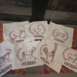 Set of Embroidered Day-of-the-Week Tea Towels Cranberry You Can Choose Color!